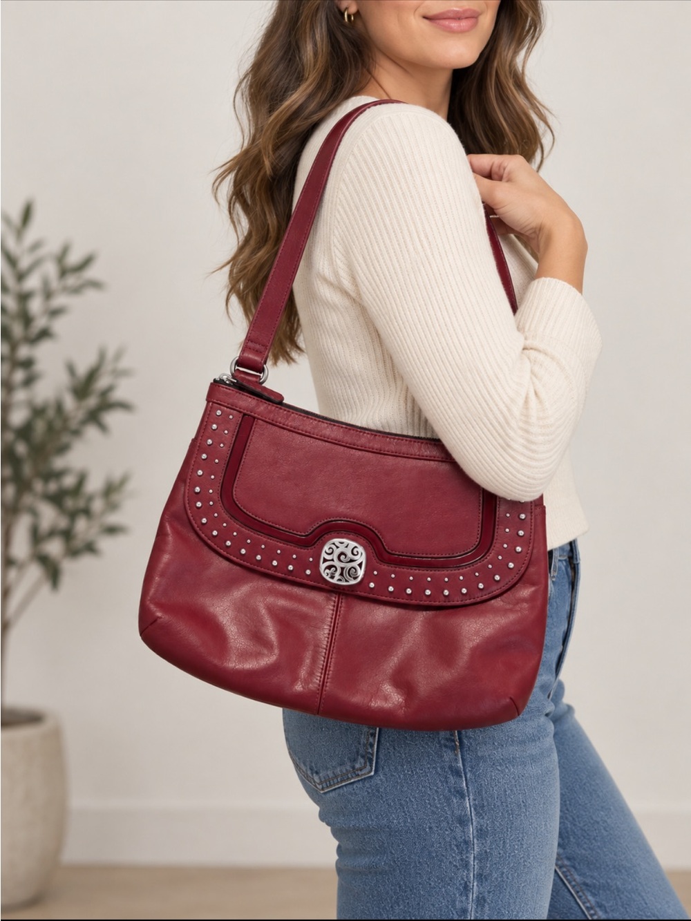 Brighton Red Leather Studded Medallion Shoulder Bag like NEW